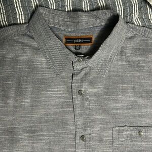 PD&C Men’s grey button up shirt, subtle white horizontal stripes, EUC